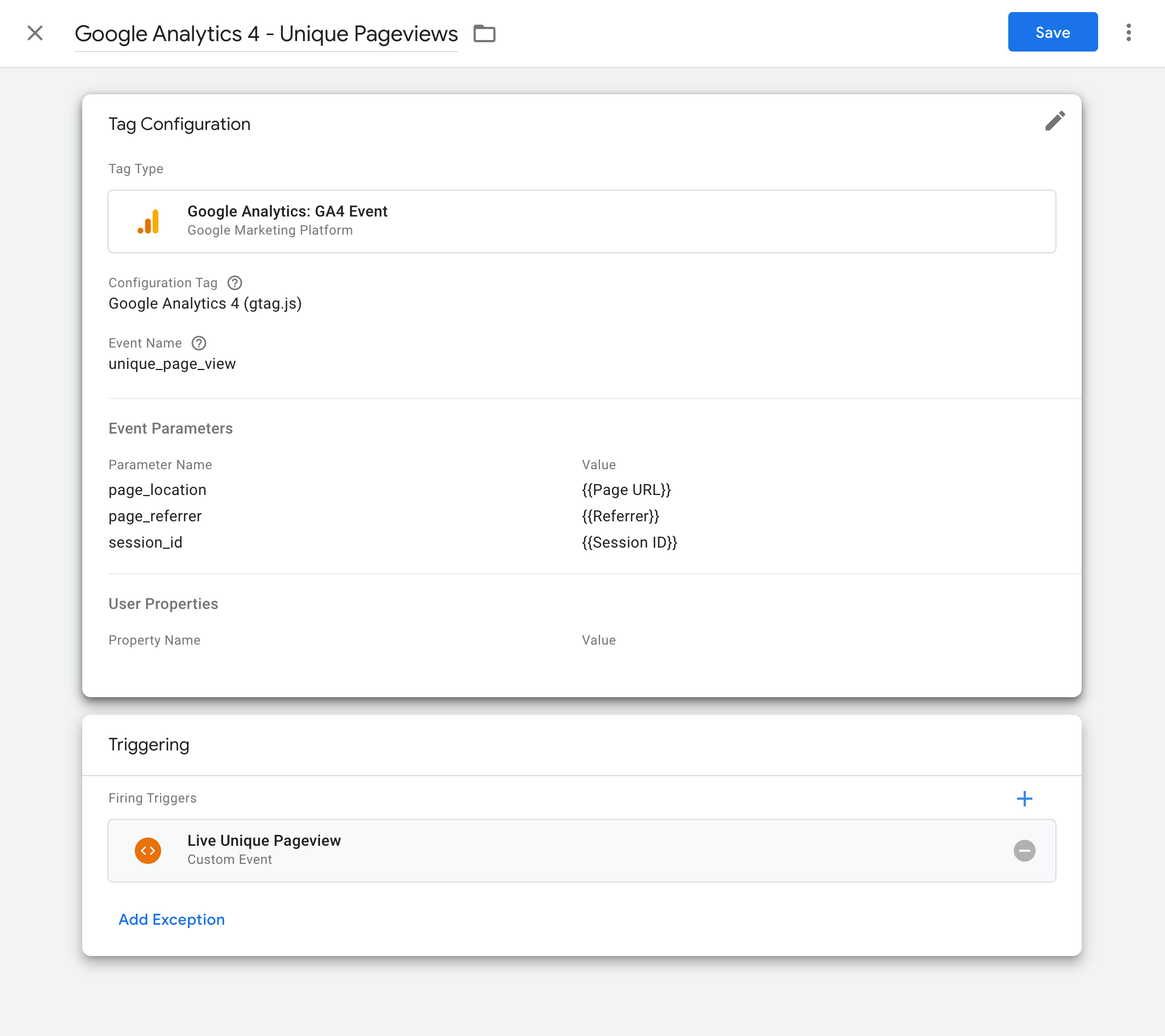 Google Tag Manager unique_page_view Event Tag for Google Analytics 4